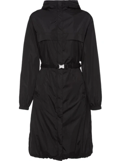 Prada Belted Hooded Raincoat In Black