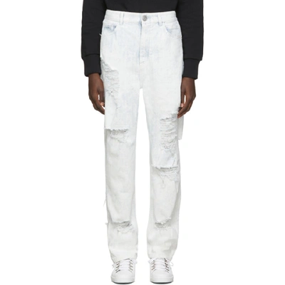 Balmain Blue And White Distressed Coated Jeans In Sab Blu/wht
