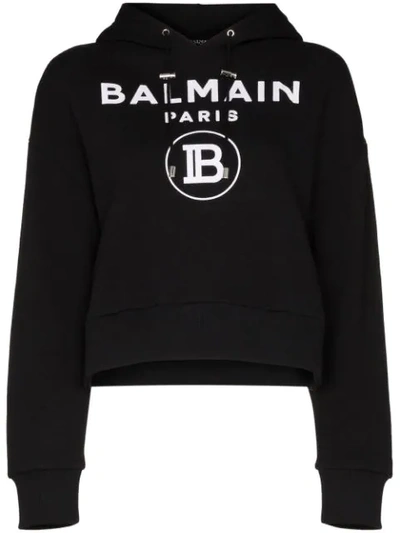 Balmain Printed Logo Cropped Hoodie In Black