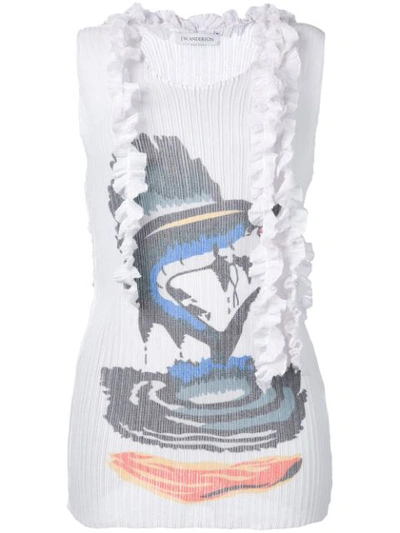 Jw Anderson White Printed Top With Ruffle Details