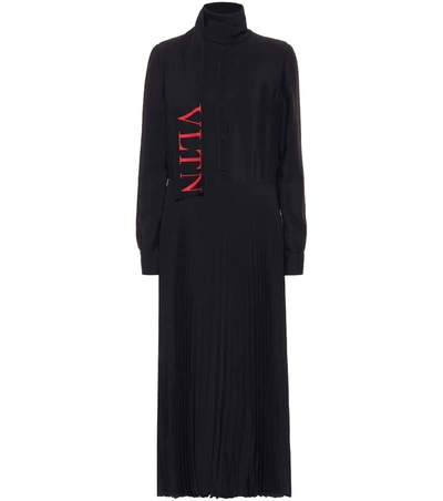 Valentino Vltn Logo Tie Neck Long Sleeve Midi Dress In Black/ Red