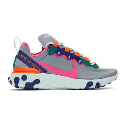 Nike Grey React Element 55 Sneakers In Wolf Grey/laser Fuchsia/hyper Crimson