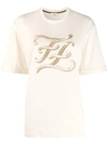Fendi T-shirt In Cotone Con Ricamo Ff Karligraphy In Beige