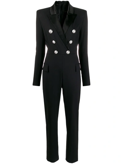 Balmain Button-embellished Satin-trimmed Wool-blend Jumpsuit In Black