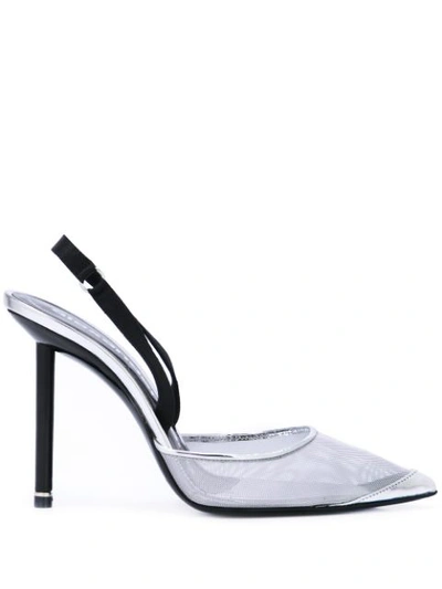Alexander Wang Metallic Leather And Satin-trimmed Mesh Slingback Pumps In Silver