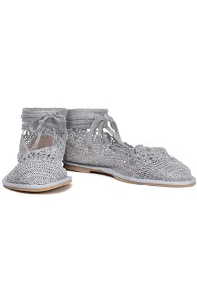 Alexa Chung Lace-up Crochet-knit Ballet Flats In Silver