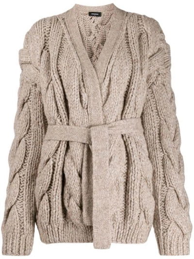Dsquared2 Maxi Cable Stitching Cardigan With Belt In Beige