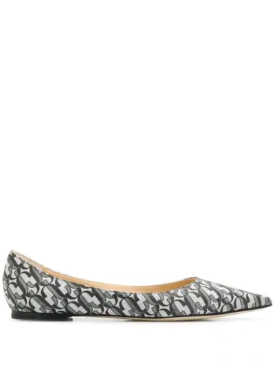 Jimmy Choo Love Flat Silver Glitter Flat Pumps With Jc Monogram In Silver/black