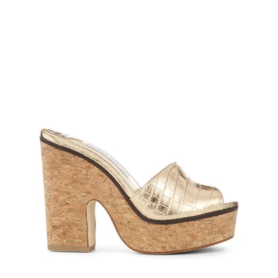 Jimmy Choo Deedee 125 Light Gold Metallic Croc-embossed Leather Wedge Sandals