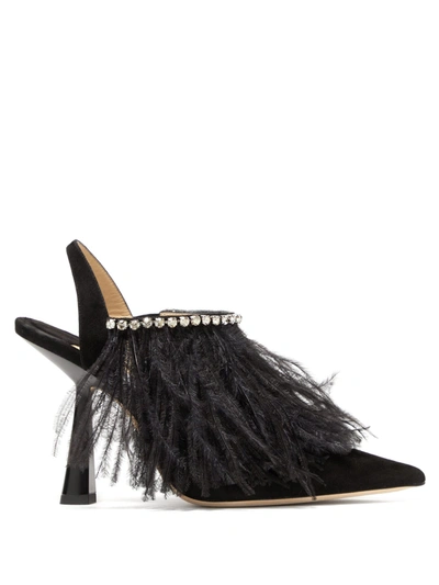 Jimmy Choo Ambre 100 Black And Silver Suede Slingback Heels With Ostrich Feather And Crystal Trim In Black/black/silver Shade