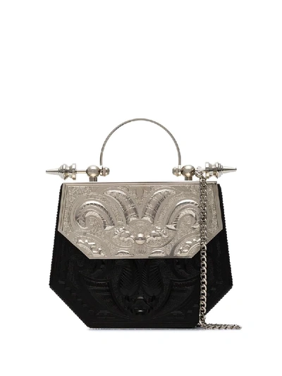 Okhtein Hexagon Minaudiere Crossbody Bag In Black Body With Silver Flap