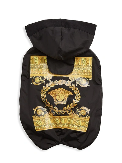 Versace Barocco Logo Waterproof Hooded Dog Jacket In Black
