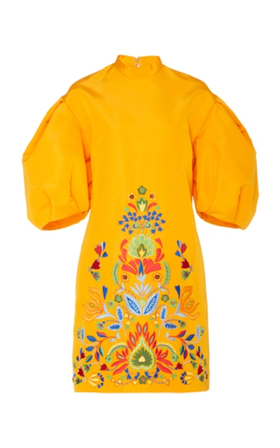 Carolina Herrera Dramatic Puff Sleeve Embellished Shift Dress In Yellow