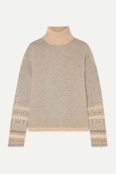Loro Piana Fair Isle Cashmere Turtleneck Sweater In Light Gray