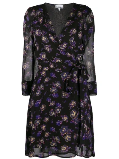 Ganni Floral-print Georgette Mini Wrap Dress In Black