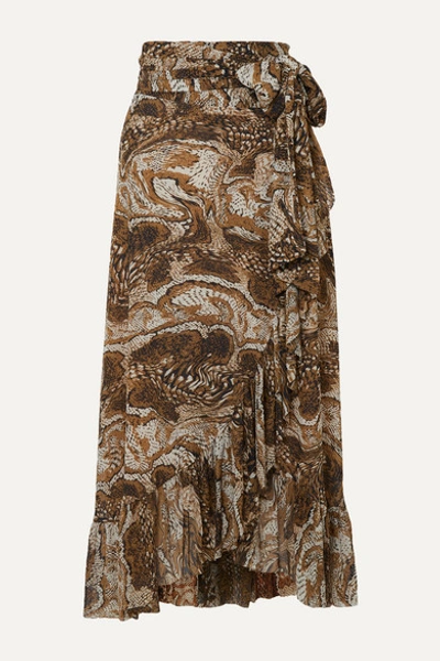 Ganni Ruffled Printed Stretch-mesh Midi Wrap Skirt In Brown,beige,black