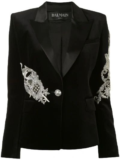 Balmain Bead-embellished Satin-lapel Velvet Jacket In Black