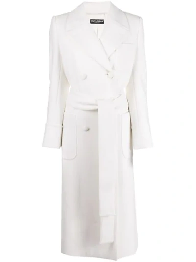 Dolce & Gabbana Double-breasted Woolen Belted Coat In White