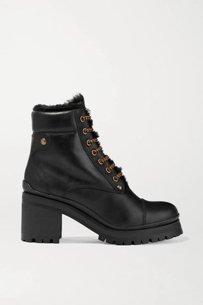 Miu Miu Shearling-lined Leather Ankle Boots In Black