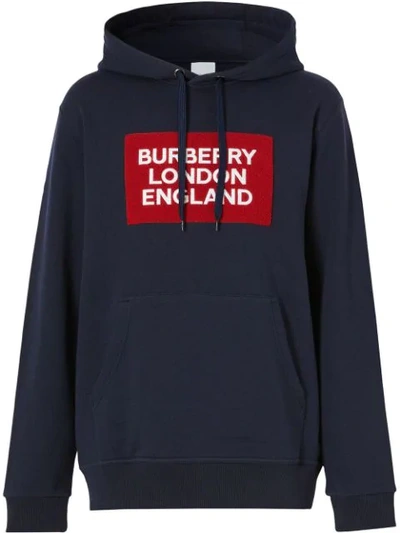 Burberry Logo Patch Drawstring Hoodie In Navy