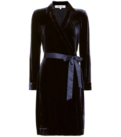 Diane Von Furstenberg Tanya Satin-trimmed Velvet Mini Wrap Dress In Blue