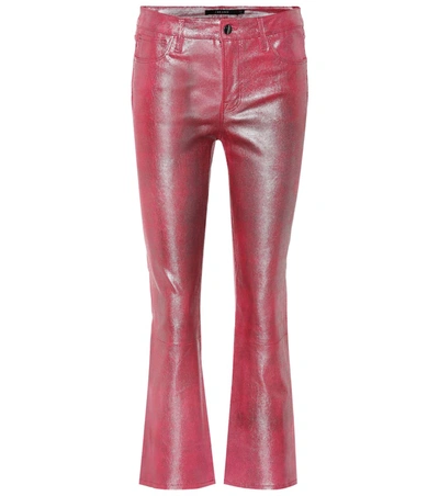 J Brand Selena Metallic Snake-print Leather Kick-flare Pants In Pink