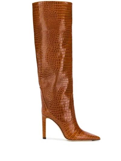 Jimmy Choo Mavis 100 Cuoio Croc Embossed Leather Knee High Boots In Brown