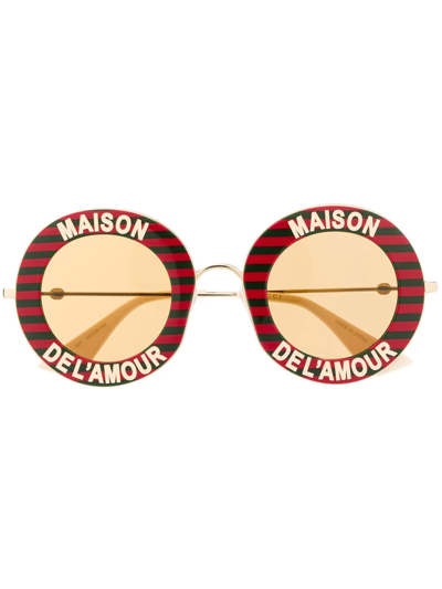 Gucci Maison De L'amour Round-frame Enamel And Gold-tone Sunglasses In Red
