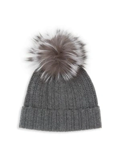 Amicale Fox Fur Pom-pom Cashmere Beanie In Charcoal