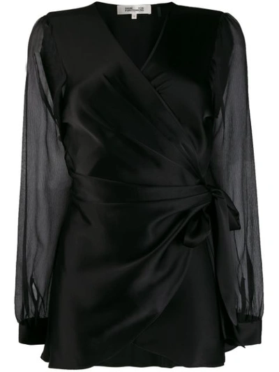 Diane Von Furstenberg Klee Silk-sleeve Satin Wrap Blouse In Black