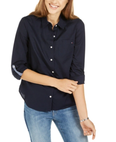 Tommy Hilfiger Plus Size Roll-tab-sleeve Button-down Emblem Shirt In Black