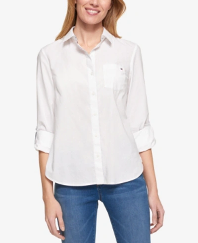 Tommy Hilfiger Plus Size Roll-tab-sleeve Button-down Emblem Shirt In Ivory