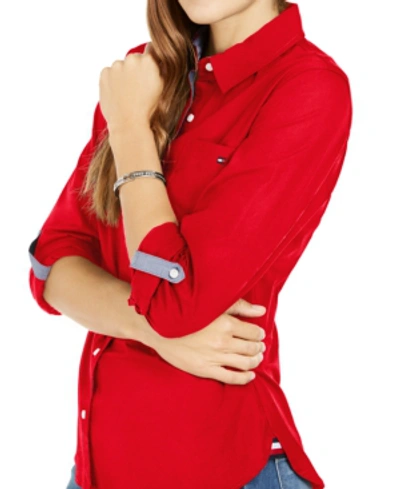 Tommy Hilfiger Plus Size Roll-tab-sleeve Button-down Emblem Shirt In Scarlet