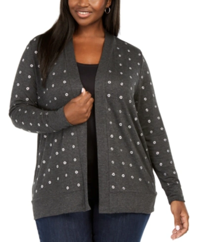 Belldini Black Label Plus Size Grommet Cardigan In Heather Charcoal/silver