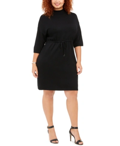 Anne Klein Plus Size Mock-neck Drawstring-waist Dress In Black