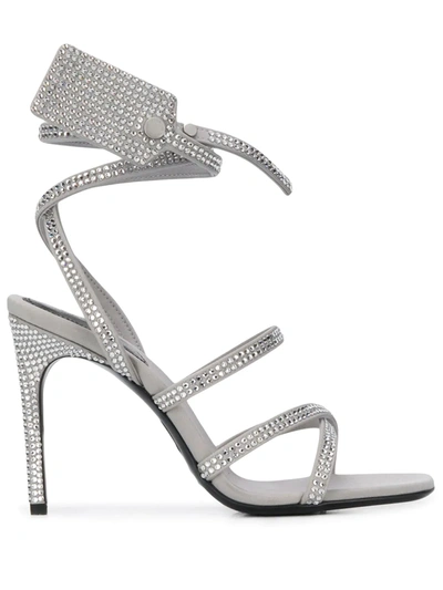 Off-white Crystal Satin Zip Tie Sandals In Metallic Leather In Grey
