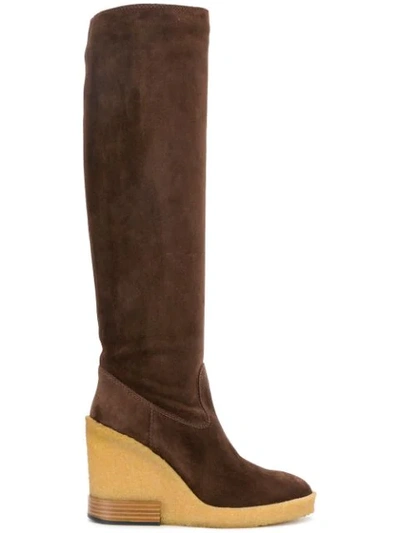 Tod's Knee-high Suede Wedge Boots In Brown
