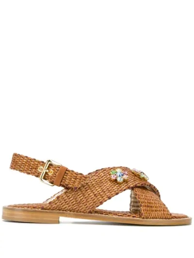 Emanuela Caruso Sandals In Natural Rafia With Crystals In Brown