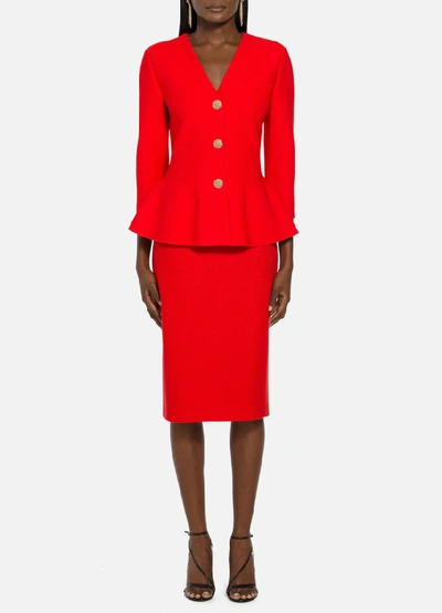 St John Sculptural Milano Knit V-neck Peplum Jacket In Geranium
