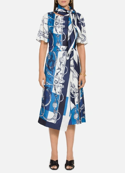 St John Mariner Scarf-print Belted Silk Twill Midi Dress In Marine Blue Multi