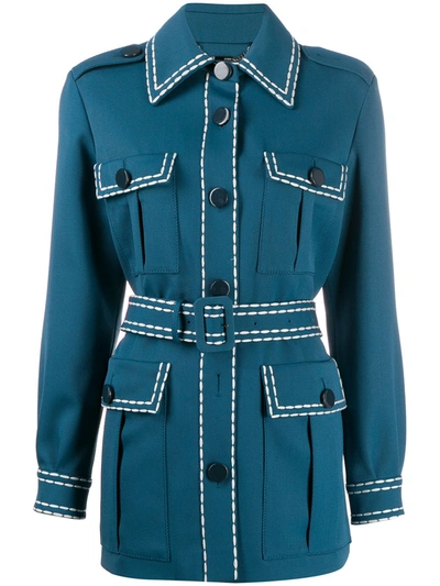 Fendi Belted Topstitched Wool-drill Blazer In Blue