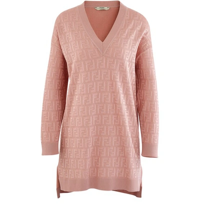 Fendi Ladies Jacquard Knit Ff Motif V-neck Sweater Dress In Pink