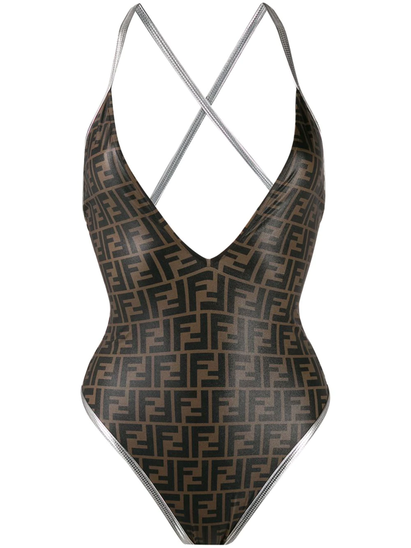 Fendi Allover Logo V-neck One-piece Swimsuit In 黑色 | ModeSens