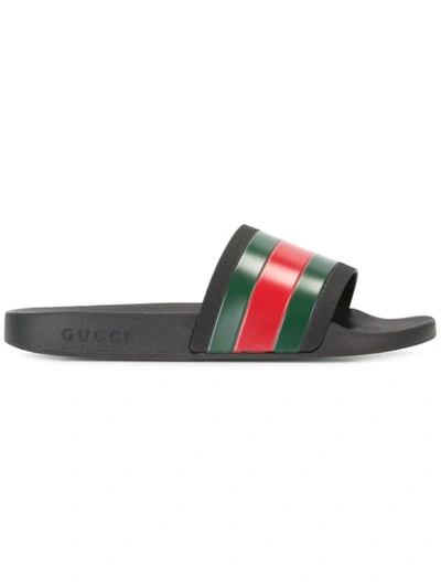 Gucci Striped Slidders In Black