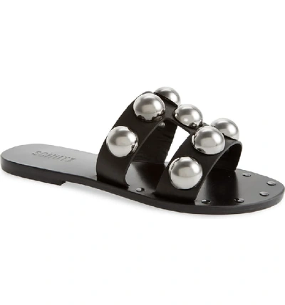 Schutz Benedita Flat Dome-stud Leather Slide Sandals In Black