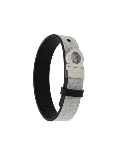 Ferragamo Glitter Logo Leather Bracelet In Black Silver