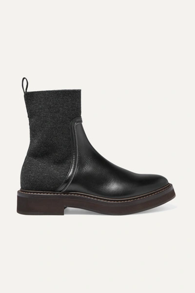 Brunello Cucinelli Matte Calfskin And Cashmere Knit Boots With Shiny Contour In Black