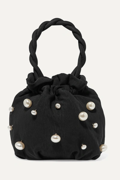 Staud Grace Faux Pearl-trimmed Satin Top Handle Bag In Black