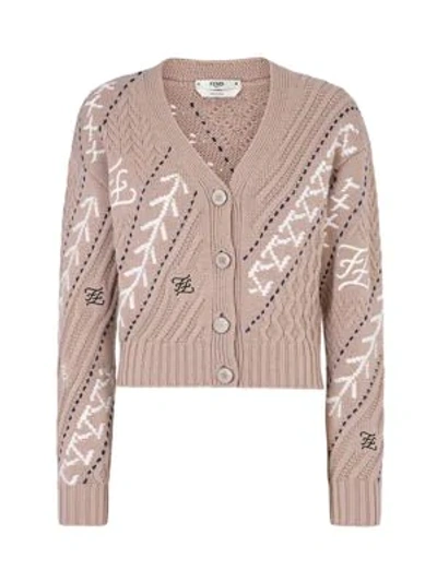 Fendi Karligraphy Cable-knit Wool & Cashmere Cardigan In Liberty Beige Multi