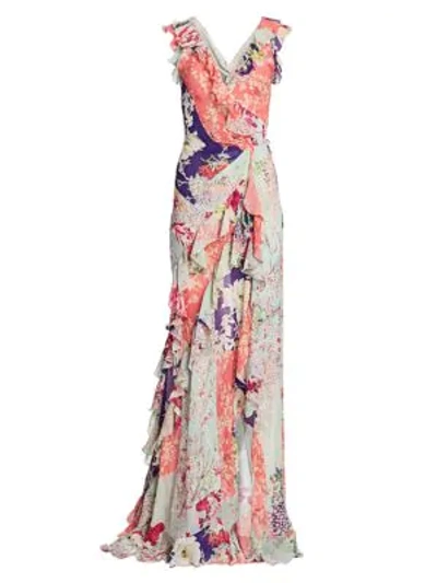 Etro Women's Japanese Floral Ruffle Silk Gown In Multi